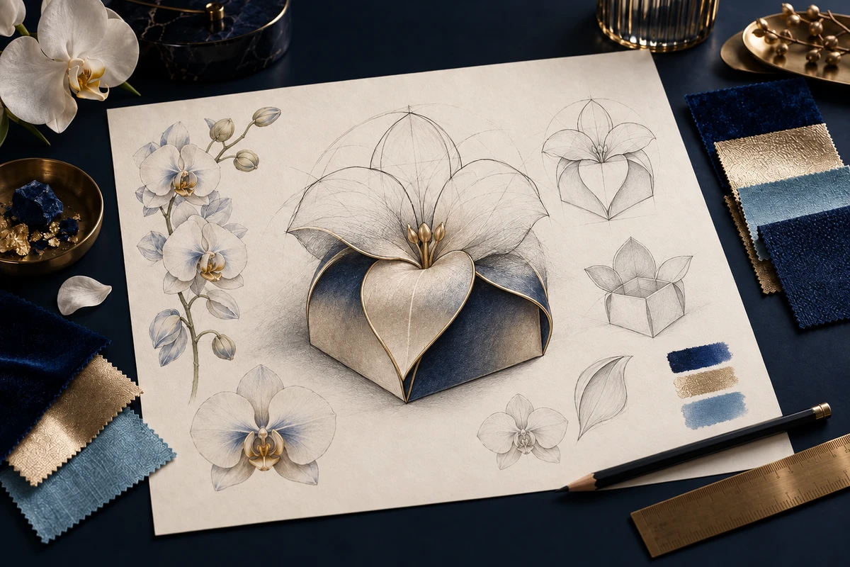 Illustration artistique : boîte florale dont la base finie évolue progressivement vers des pétales esquissés au fusain